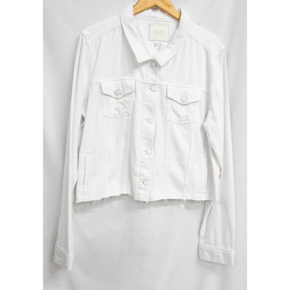 Paige Relaxed Vivienne Cropped Jean Denim Jacket w/ Raw Hem in Crisp White XL - Picture 3 of 15